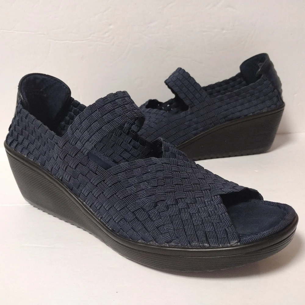 Baretraps Umma Women's Mary Jane Wedge Slip-On Woven Peep Toe Sandals Navy 10